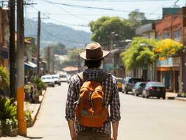 homme jouit une tranquille promenade par le vibrant ville des rues ai génératif photo