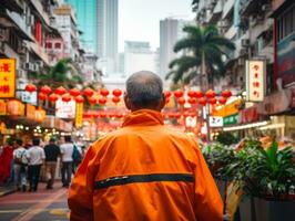 homme jouit une tranquille promenade par le vibrant ville des rues ai génératif photo