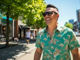 homme jouit une tranquille promenade par le vibrant ville des rues ai génératif photo