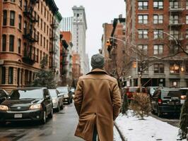 homme jouit une tranquille promenade par le vibrant ville des rues ai génératif photo