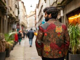 homme jouit une tranquille promenade par le vibrant ville des rues ai génératif photo