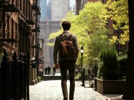 homme jouit une tranquille promenade par le vibrant ville des rues ai génératif photo