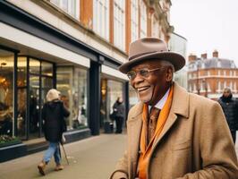 homme jouit une tranquille promenade par le vibrant ville des rues ai génératif photo