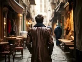 homme jouit une tranquille promenade par le vibrant ville des rues ai génératif photo