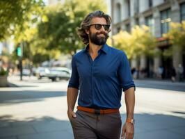 homme jouit une tranquille promenade par le vibrant ville des rues ai génératif photo