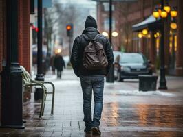 homme jouit une tranquille promenade par le vibrant ville des rues ai génératif photo