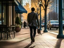 homme jouit une tranquille promenade par le vibrant ville des rues ai génératif photo