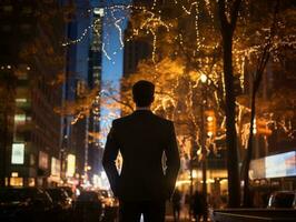 homme jouit une tranquille promenade par le vibrant ville des rues ai génératif photo