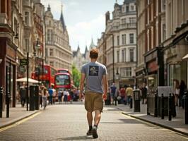 homme jouit une tranquille promenade par le vibrant ville des rues ai génératif photo