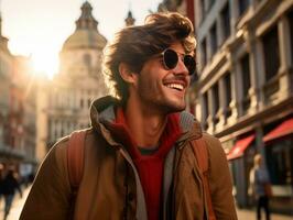 homme jouit une tranquille promenade par le vibrant ville des rues ai génératif photo