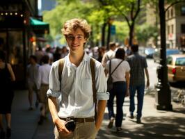 homme jouit une tranquille promenade par le vibrant ville des rues ai génératif photo