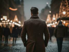 homme jouit une tranquille promenade par le vibrant ville des rues ai génératif photo