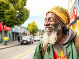 homme jouit une tranquille promenade par le vibrant ville des rues ai génératif photo