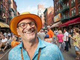 homme jouit une tranquille promenade par le vibrant ville des rues ai génératif photo