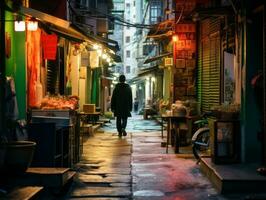 homme jouit une tranquille promenade par le vibrant ville des rues ai génératif photo