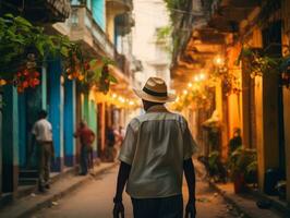 homme jouit une tranquille promenade par le vibrant ville des rues ai génératif photo