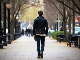 homme jouit une tranquille promenade par le vibrant ville des rues ai génératif photo