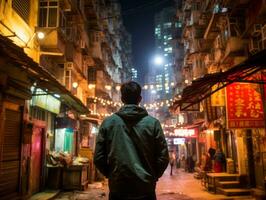 homme jouit une tranquille promenade par le vibrant ville des rues ai génératif photo