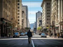 homme jouit une tranquille promenade par le vibrant ville des rues ai génératif photo