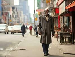 homme jouit une tranquille promenade par le vibrant ville des rues ai génératif photo