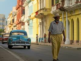 homme jouit une tranquille promenade par le vibrant ville des rues ai génératif photo