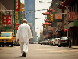 homme jouit une tranquille promenade par le vibrant ville des rues ai génératif photo