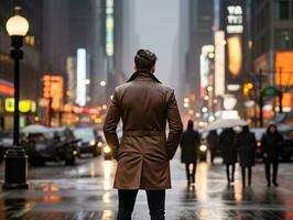 homme jouit une tranquille promenade par le vibrant ville des rues ai génératif photo