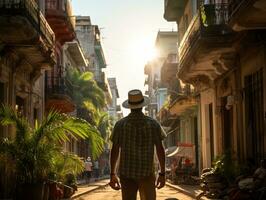 homme jouit une tranquille promenade par le vibrant ville des rues ai génératif photo