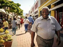 homme jouit une tranquille promenade par le vibrant ville des rues ai génératif photo