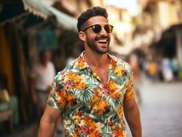 homme jouit une tranquille promenade par le vibrant ville des rues ai génératif photo