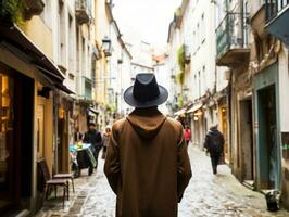 homme jouit une tranquille promenade par le vibrant ville des rues ai génératif photo