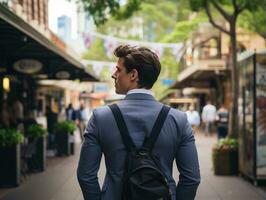 homme jouit une tranquille promenade par le vibrant ville des rues ai génératif photo