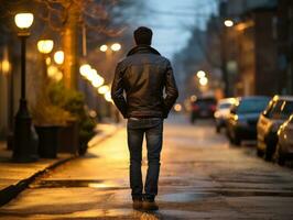 homme jouit une tranquille promenade par le vibrant ville des rues ai génératif photo