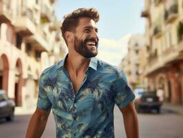 homme jouit une tranquille promenade par le vibrant ville des rues ai génératif photo