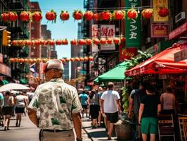 homme jouit une tranquille promenade par le vibrant ville des rues ai génératif photo