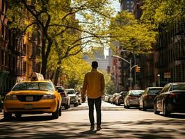 homme jouit une tranquille promenade par le vibrant ville des rues ai génératif photo