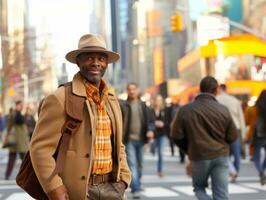 homme jouit une tranquille promenade par le vibrant ville des rues ai génératif photo