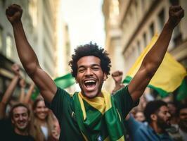 brésilien homme fête le sien football équipes la victoire ai génératif photo