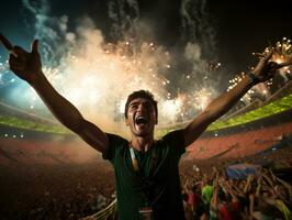 brésilien homme fête le sien football équipes la victoire ai génératif photo