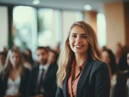 femme dans une affaires réunion de premier plan avec confiance ai génératif photo