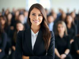 femme dans une affaires réunion de premier plan avec confiance ai génératif photo