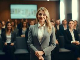 femme dans une affaires réunion de premier plan avec confiance ai génératif photo