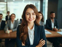 femme dans une affaires réunion de premier plan avec confiance ai génératif photo