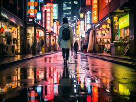 femme dans futuriste vêtements jouit tranquille promenade par néon ville des rues ai génératif photo