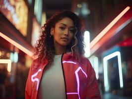 femme dans futuriste vêtements jouit tranquille promenade par néon ville des rues ai génératif photo