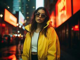 femme dans futuriste vêtements jouit tranquille promenade par néon ville des rues ai génératif photo