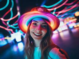 femme dans futuriste vêtements jouit tranquille promenade par néon ville des rues ai génératif photo