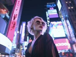 femme dans futuriste vêtements jouit tranquille promenade par néon ville des rues ai génératif photo