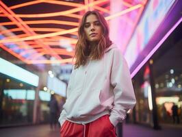 femme dans futuriste vêtements jouit tranquille promenade par néon ville des rues ai génératif photo