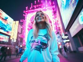 femme dans futuriste vêtements jouit tranquille promenade par néon ville des rues ai génératif photo